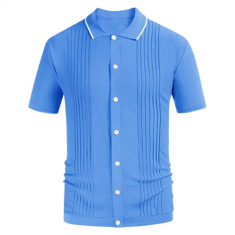 Mens Clothing Knit Short Sleeve Polo Shirt Casual Streetwear Lapel Button Down Cardigan Breathable Tops Summer Knitwear 240828