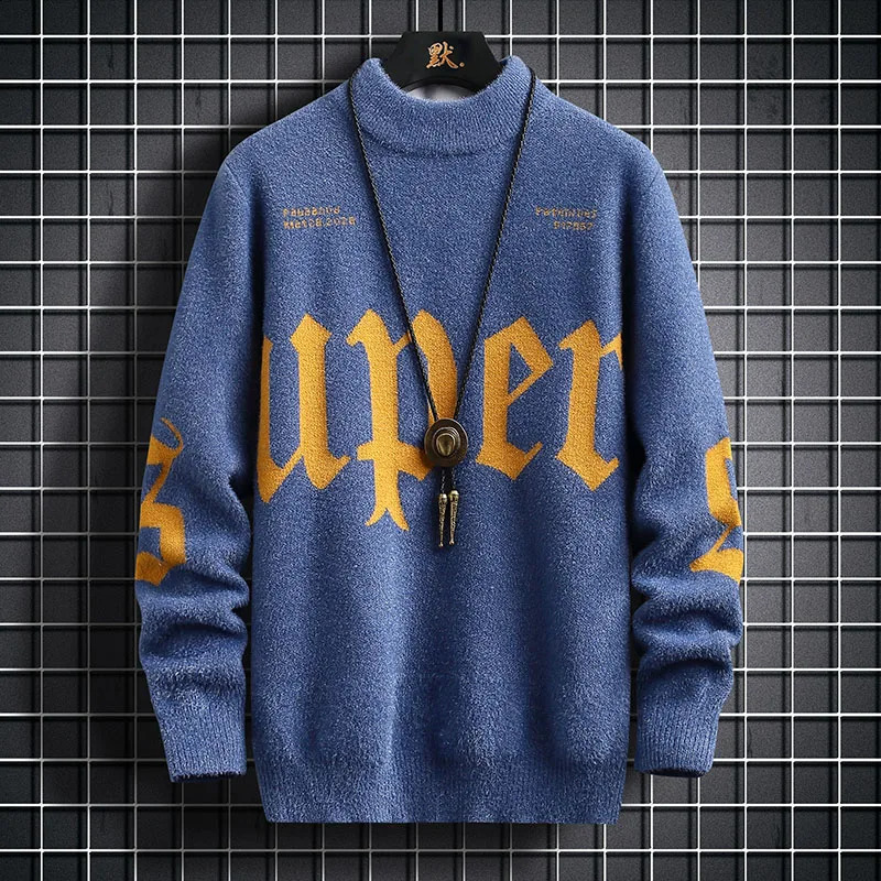 Harajuku Mens Autumn Winter Sweater Mens Trend Loose Cashmere Printed Knitted Pullover Street Outdoor Thick Warm Sweater 240829