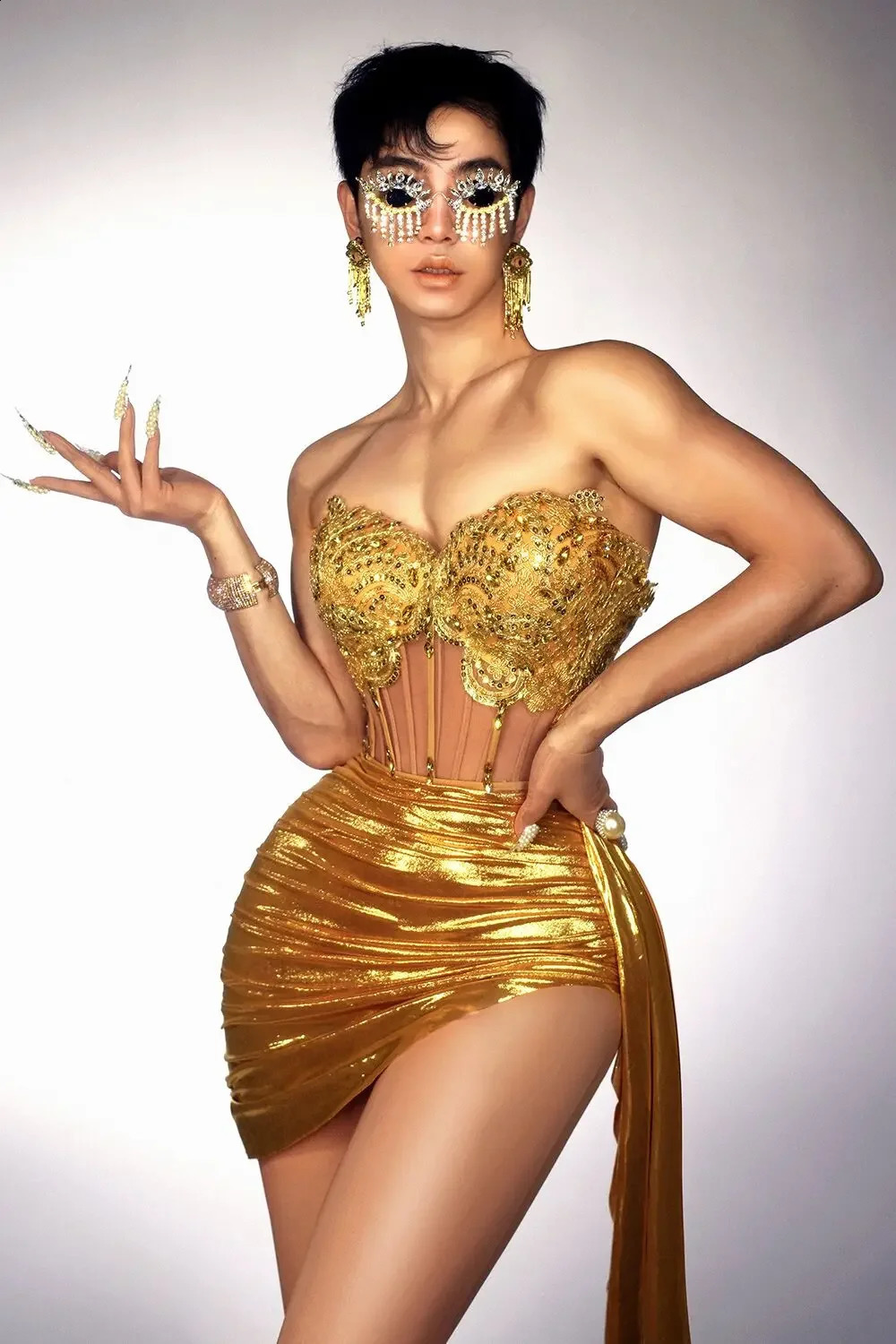 Gold Color Women Sexy 2 Pieces Strapless Bodycon Mini Dress Bar Singer Nightclub Party Celebrate Birthday Wholesale 240828