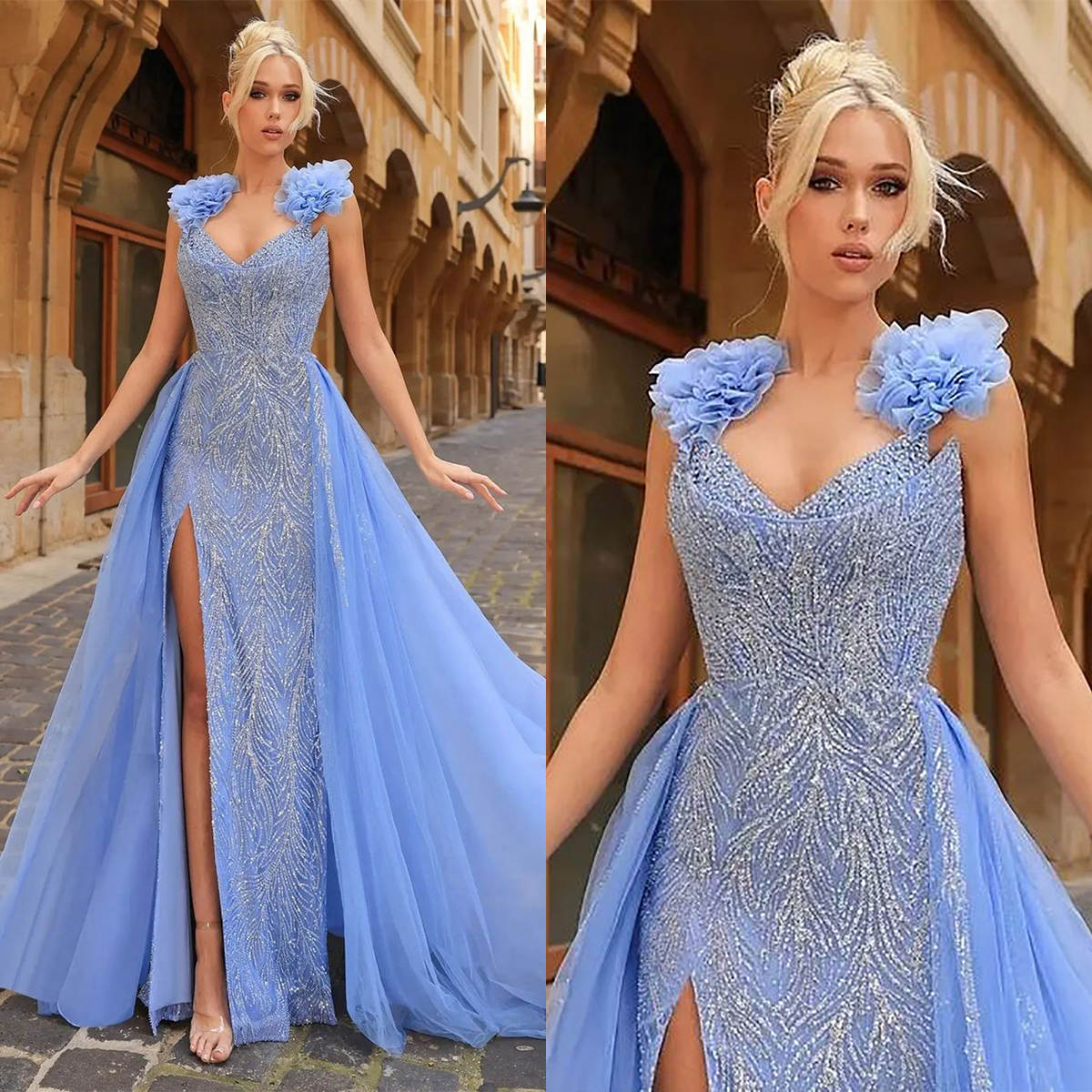 Sky Blue Evening Dress V Neck Ruffles Sequined 3D Flowers Evening Dresses Illusion Engagement Party Gowns