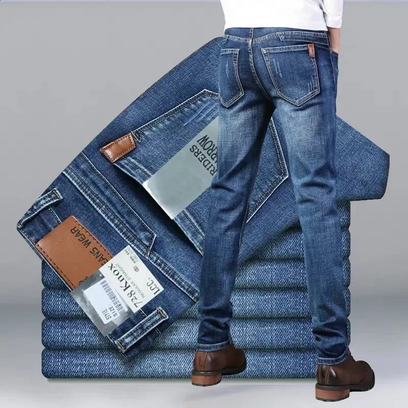 Spring/Summer Solid Color Straight Leg Elastic Jeans Mens Casual Relaxation Breathable High Quality Pants 240829