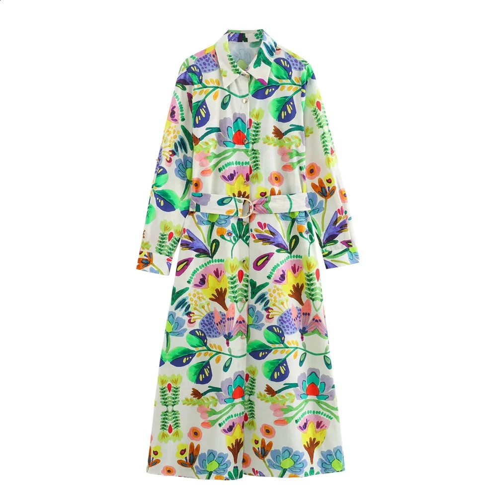 Kar Otza Summer Womens Polo Neck Long Sleeve Printed Silk Belt Dress 240829
