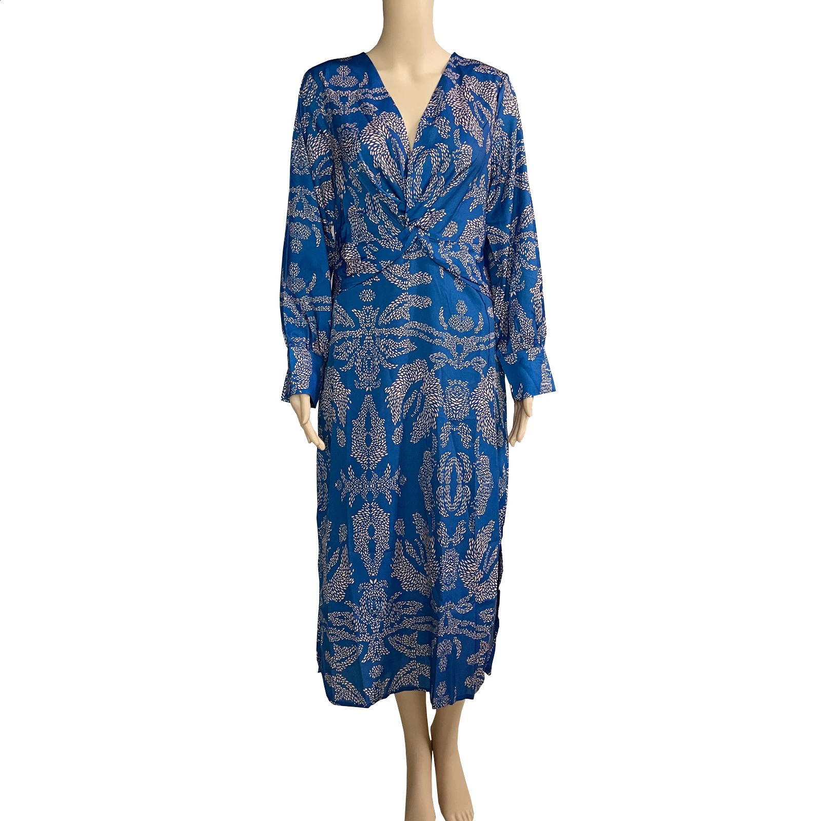 Elegant Street Clothing Printed Womens Fashion Ultra Thin Midi Retro Vneck Long Sleeve Spring Summer Dress 240828