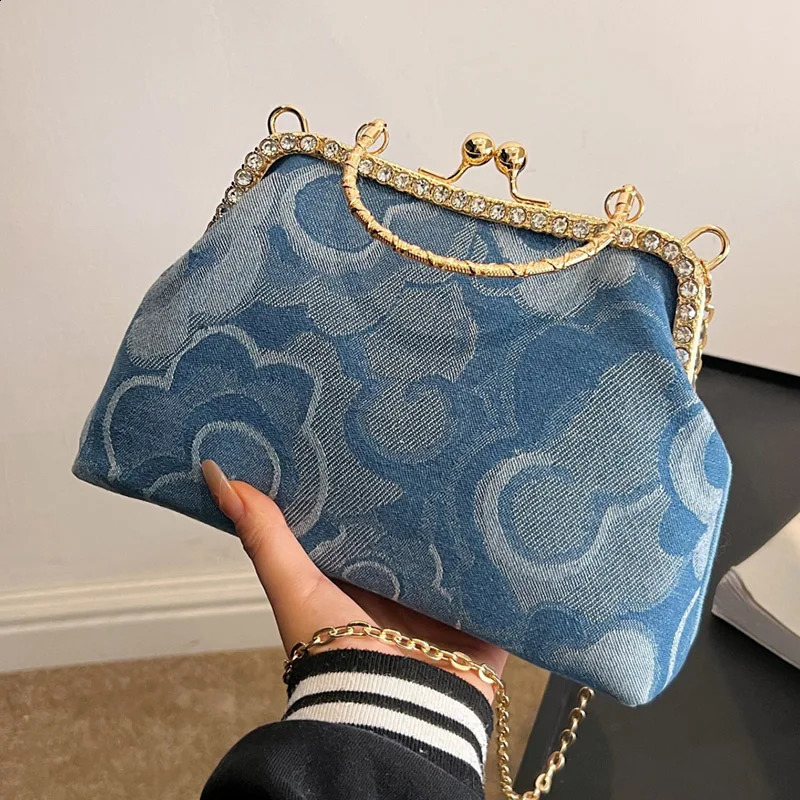 Vintage Women Crystal Denim Chain Shoulder Bags Metal Handle Kiss Lock Crossbody Bags Kiss Lock Frame Evening Clutch 240828