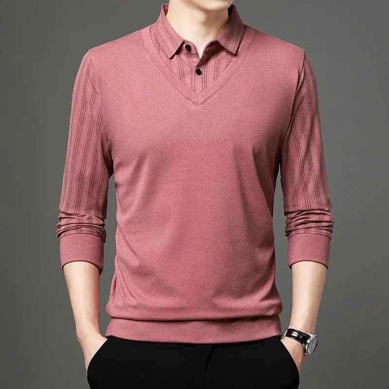 autumn and winter smart casual lapel long sleeved Tshirt mens clothing fashion button zipper splicing work top 240828