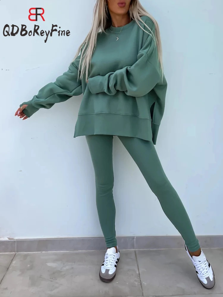In Women Tracuit 2 Piece Sets Autumn Casual Oversized Sweatshirts Slit Fiess Slim High Waist Leggings Hoodie Set Female 240828