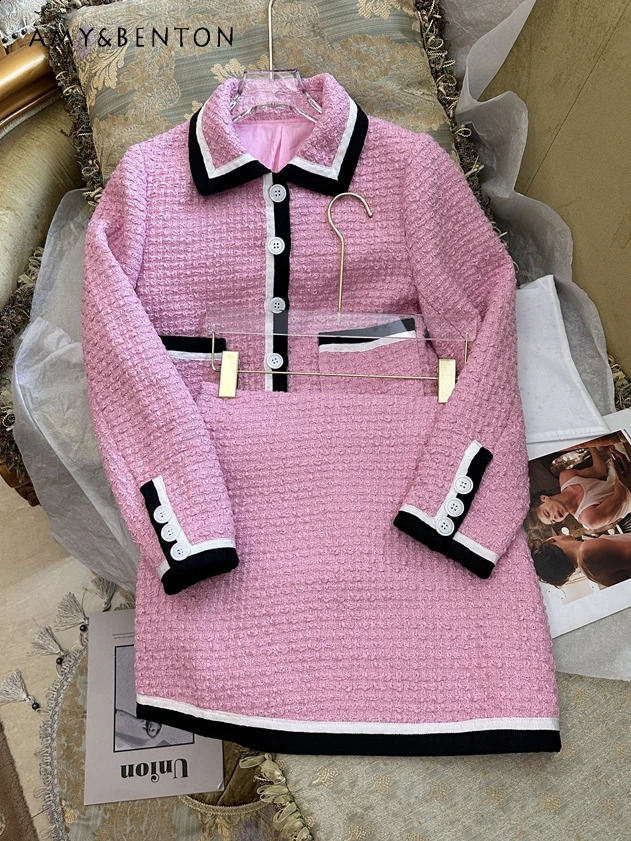 Elegant and graceful early spring collar single chest coarse woolen coat mini Aline tight fitting outfit sweet highend twopiece set womens clothing 24