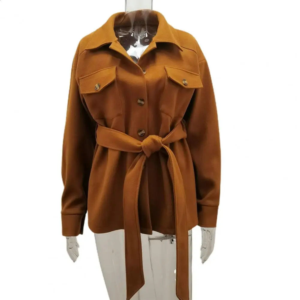 Womens coat autumn winter belt solid color wool coat button long sleeved thick warm womens jacket 240828