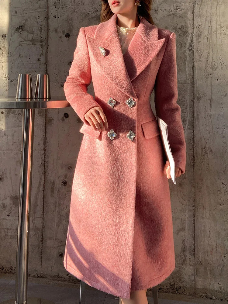 Dabuwawa notch double-sided wool long coat womens Epaulet double chest jacket elegant coat ACGN DM1DCO017 240828