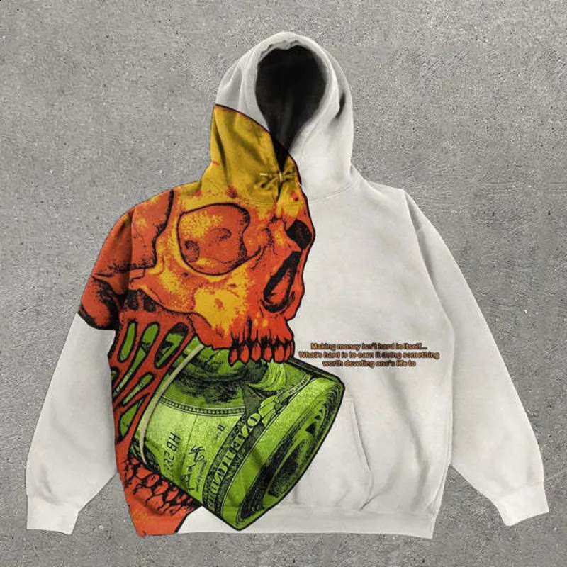 Skull Print Retro Gothic Hoodies For Men Hip Hop Streetwear Pullover Harajuku Sweatshirt Casual Men Clothing 240828