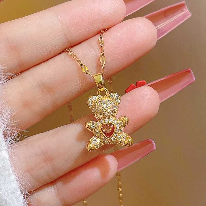 Sparkling cute bear pendant necklace suitable for women gold titanium stainless steel necklace chain link womens jewelry gift W240828