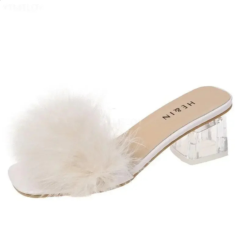 Summer Fluffy Leather Toes Sexy High Heels Womens Fur Womens Fashion Wedding Pink Slider 240827