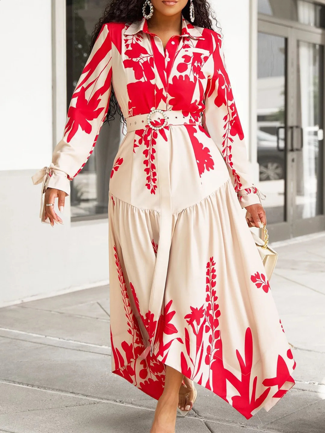 Long sleeved printed collar irregular loose long style with ALine fashionable and warm womens skirt 240828