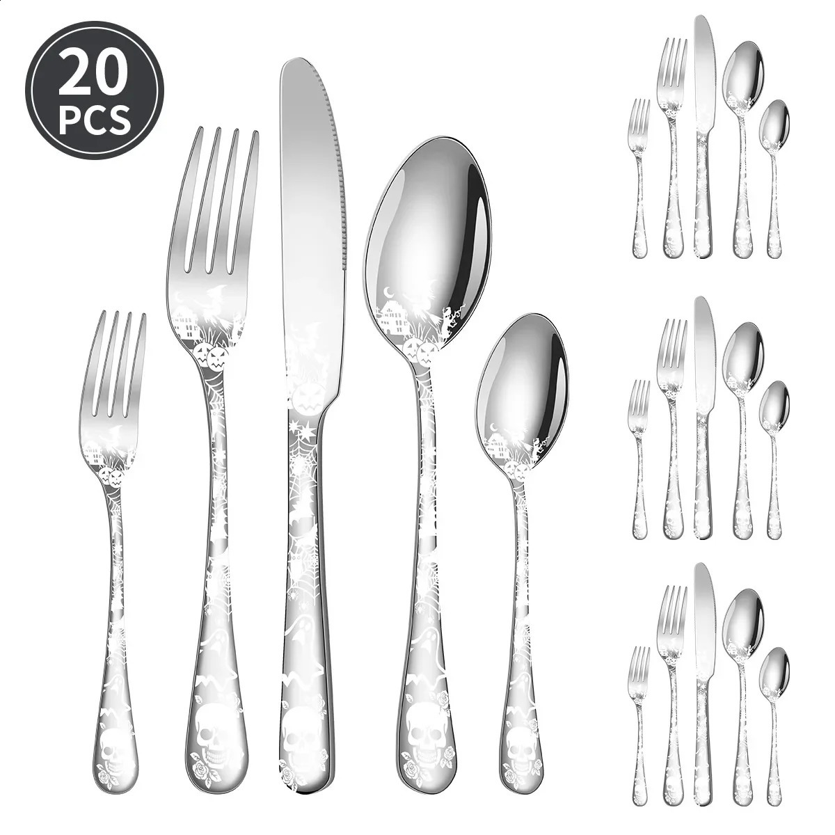 Halloween themed stainless steel tableware Western knife fork and spoon set skull patterned tableware set 240829