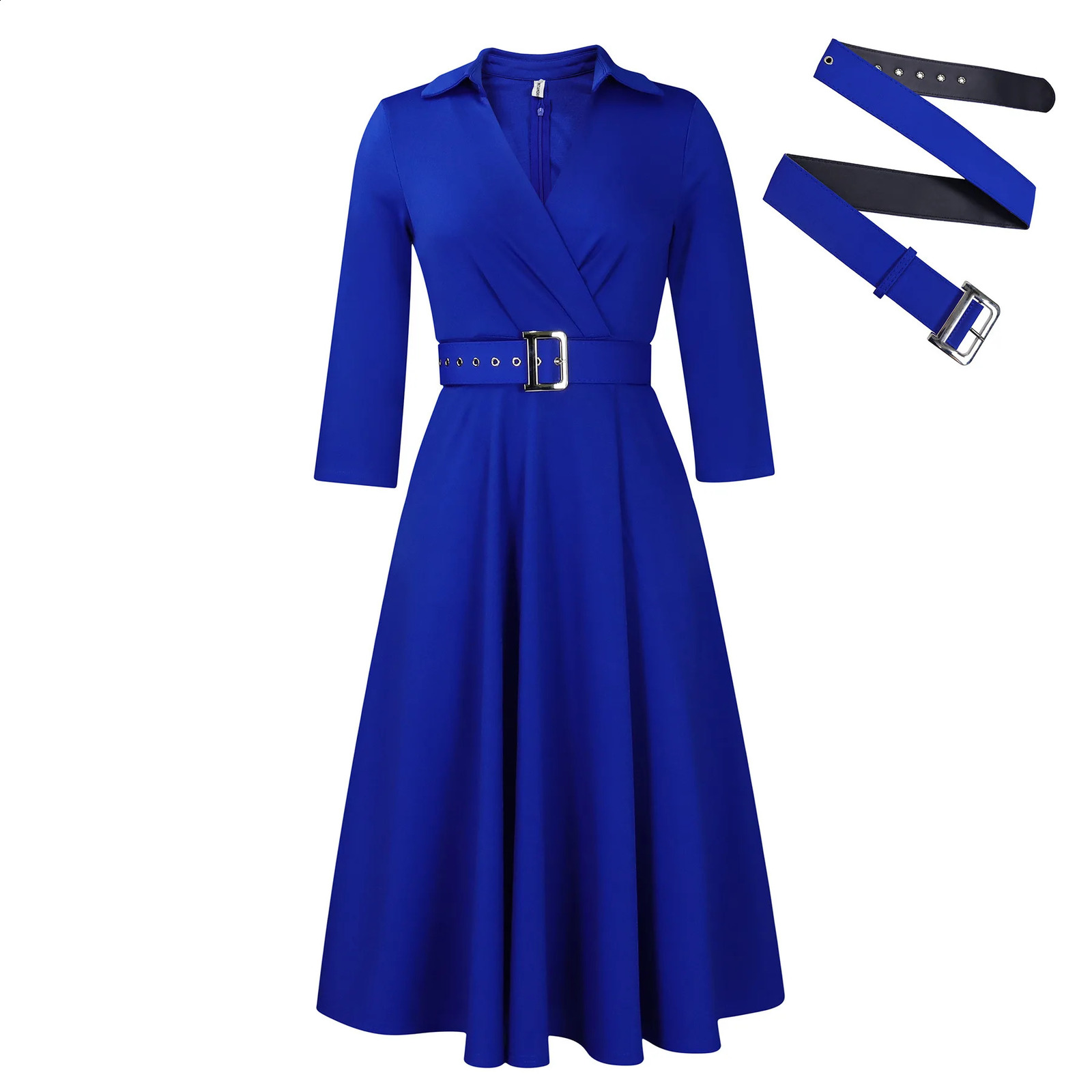 Womens Spring Fashion Collar Solid Color High Waist Elegant Large Size Dress 240828