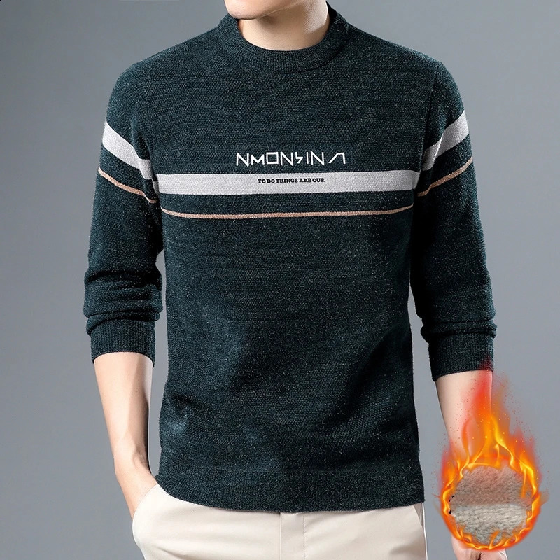 Mens thick faux fur sweater round neck and letter print autumn winter mink and velvet long sleeved casual top 240829