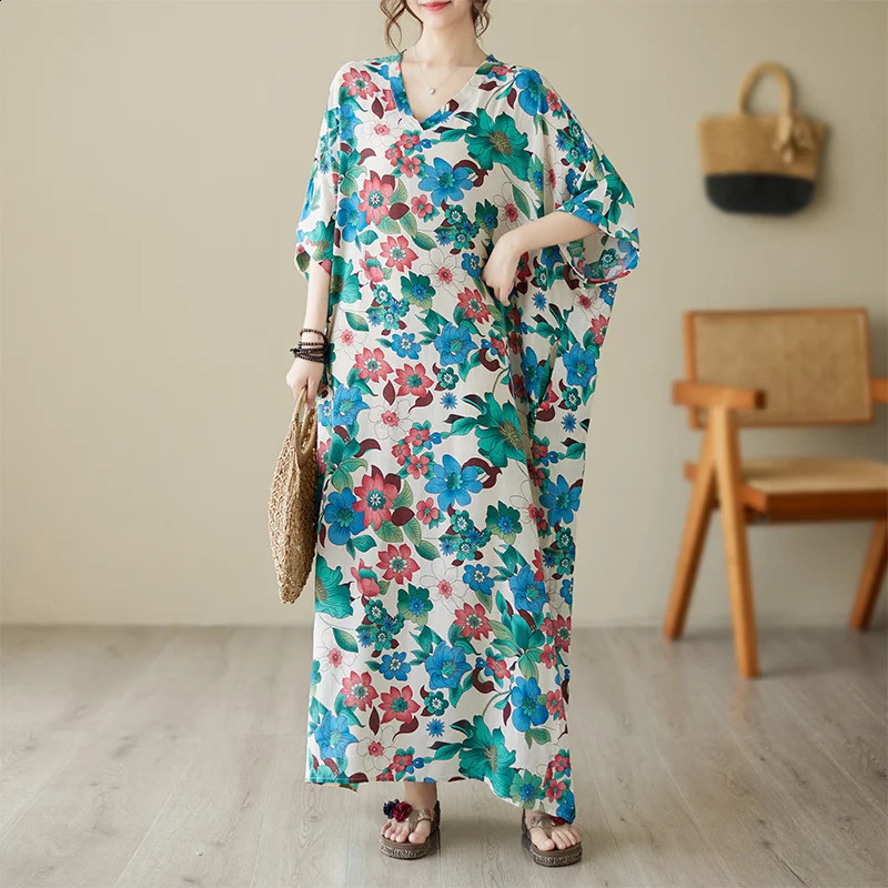 Wxw6513 Summer Printed Long Dress Loose Pocket Retro Floor Length Womens Thin Beach Cotton 240828