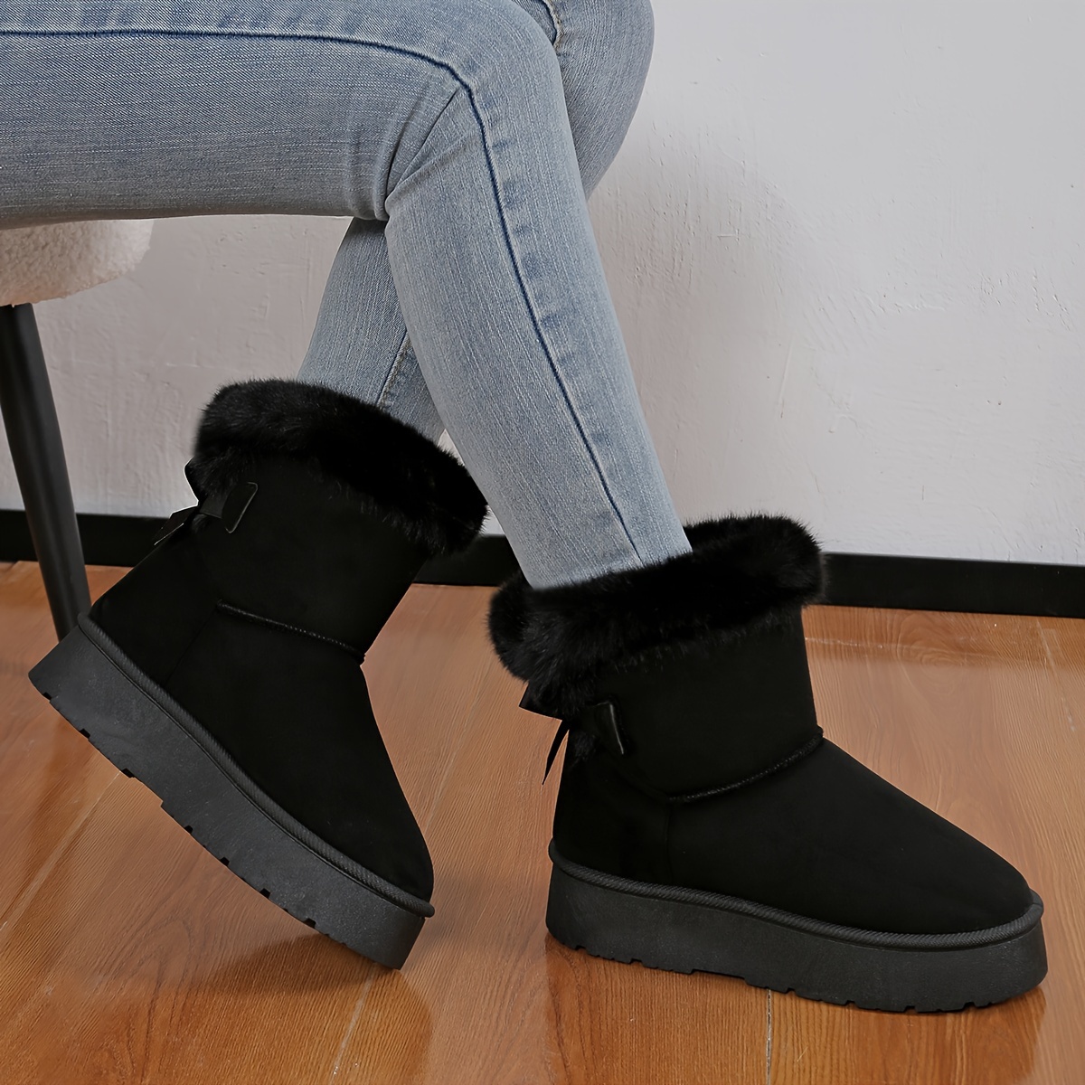 Comfortable Womens Solid Fluffy Bow Snow Boots - Slip-on soft thick sole design plush ing and non-slip traction to keep you warm stylish winter boot s