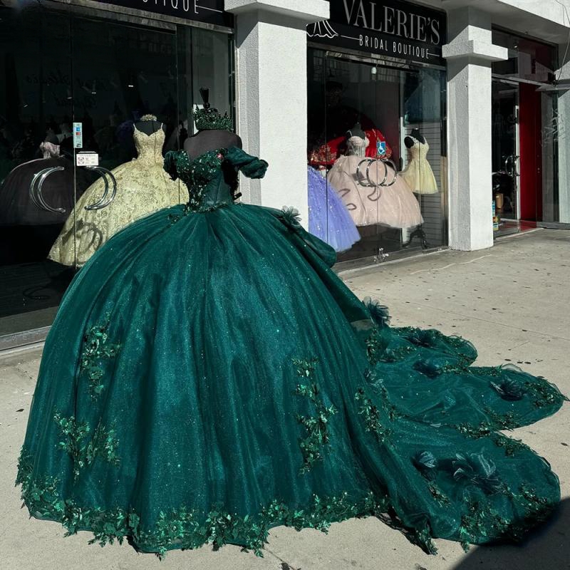 Emerald Green 3D wers Beading Ball Gown Quinceanera Dresses Off The Shoulder Appliques Ruffles Corset Vestidos De 15 Anos