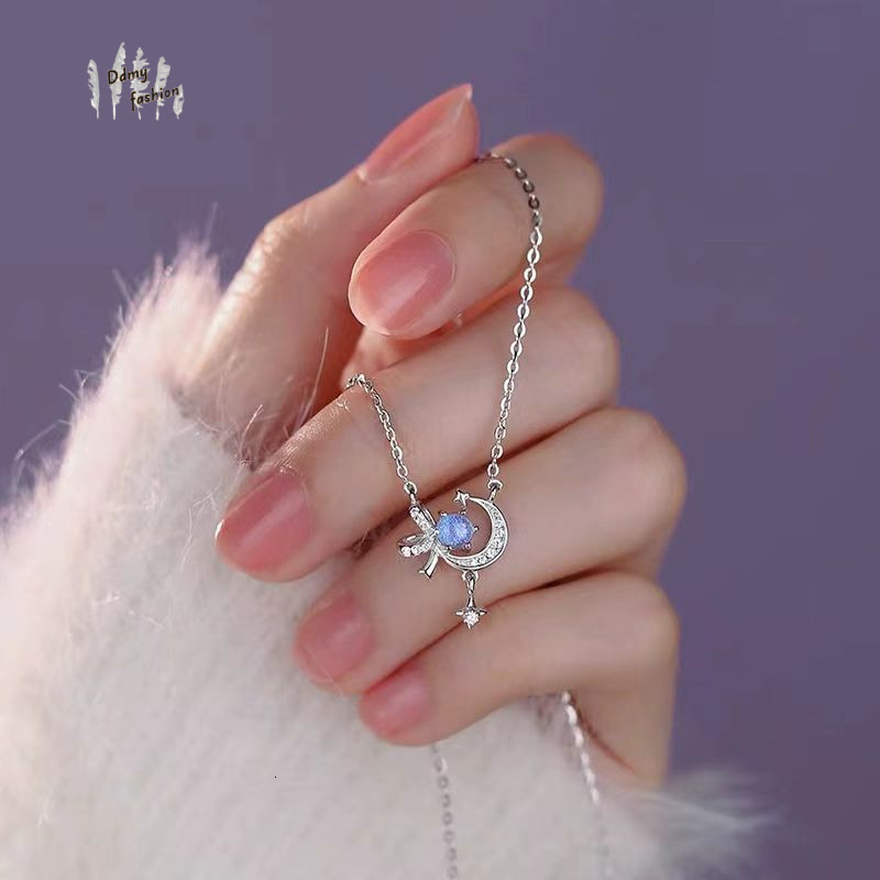 S999 pure sier moonstone star moon bow necklace for women's fashion, high-end, niche, new Valentine's Day gift F08.30-5.8 7fad1