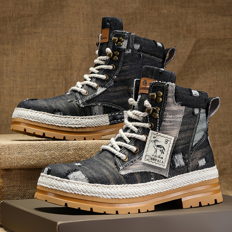 Mens Ripped Lace-Up Denim Fabric Ankle Boots Fashionable Walking Shoes, Breathable and Comfortable - Lightweight, Breathable, Suitable for Daily Wear