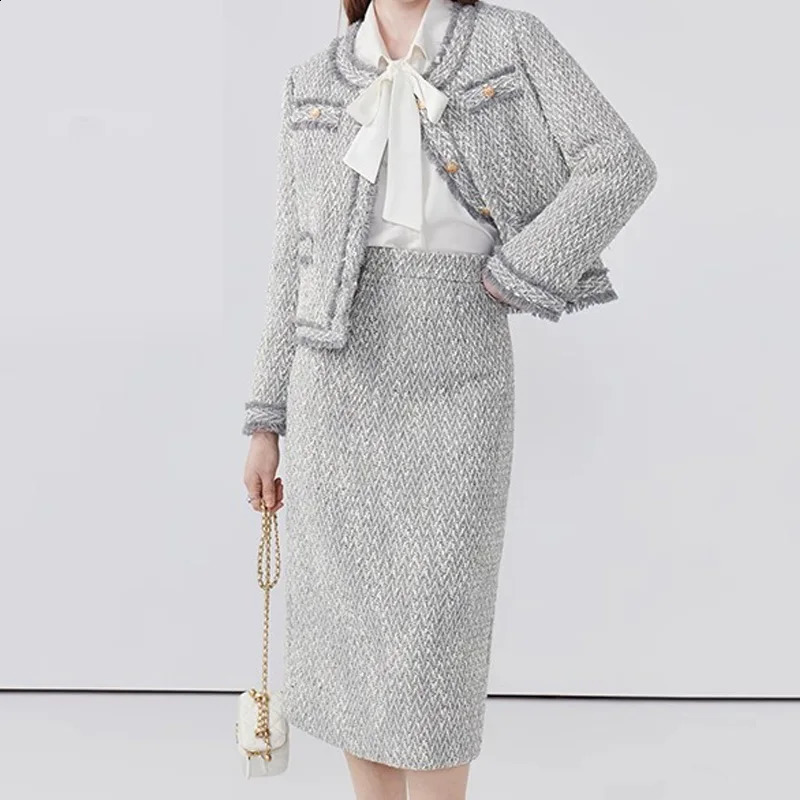 EVNISI Autumn Winter 2 Piece Women T Skirt Set Elegant Long sleeved Single Breasted Stripe Coat Bodycon Office Outfit 251022