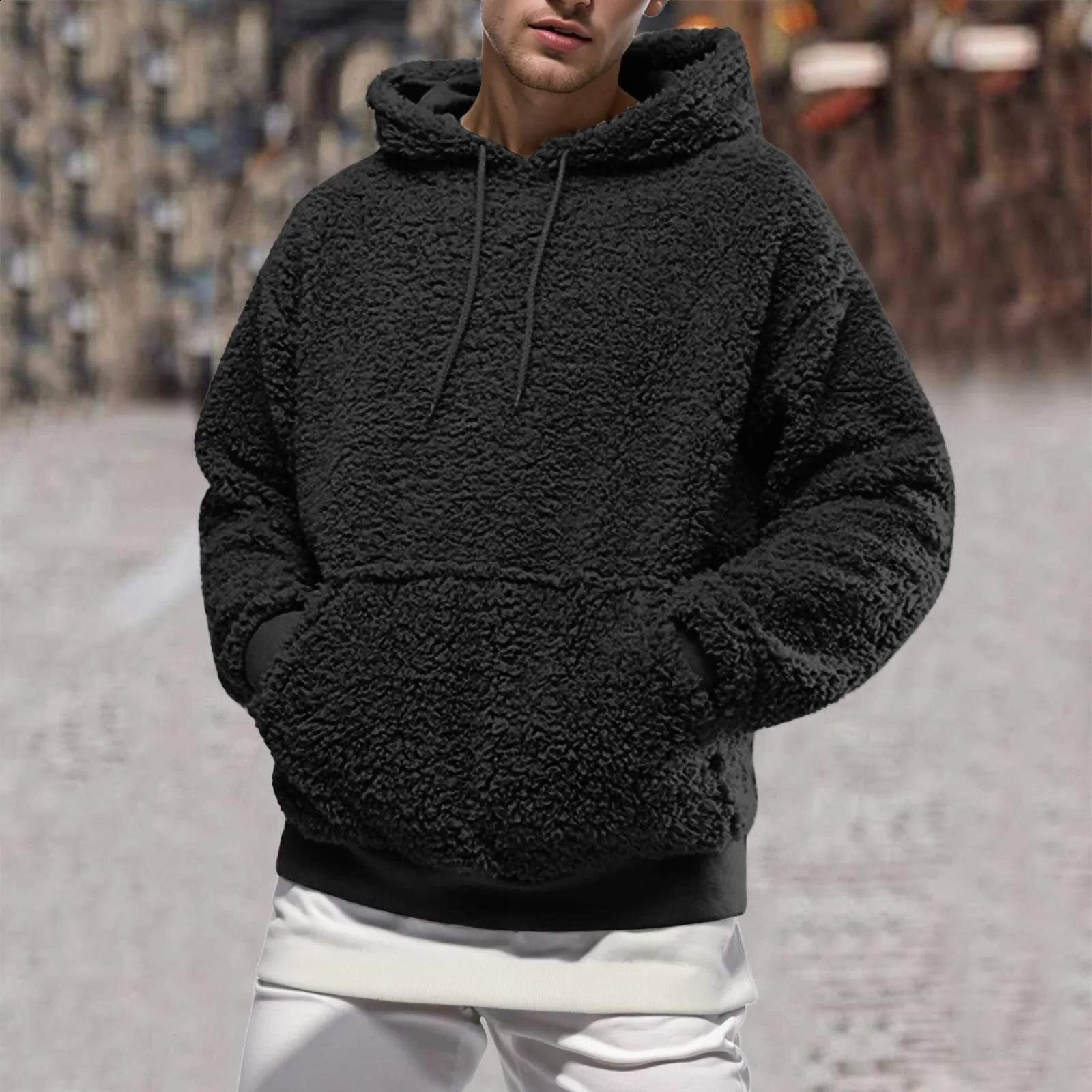 Mens Autumn And Winter Plush Sweatshirts Solid Color European And American Plush Plus Fleece Classical Style Hoodie Sweater 240829