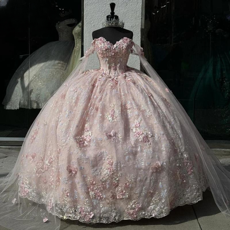 Pink Mexican Quinceanera Dressess With Cape Applique Beads Bow Tull vestido 15 quinceaneras Corset Prom Lace Up