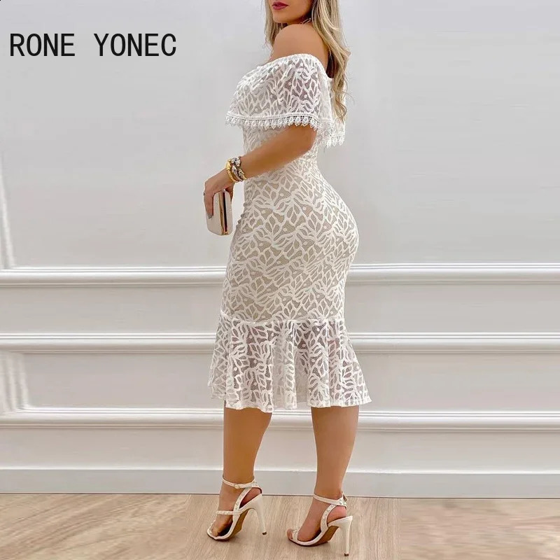 Women Solid Chic Off Shoulder Ruffle Hem Lace Hem Bodycon Sexy Formal Party Dress 240828