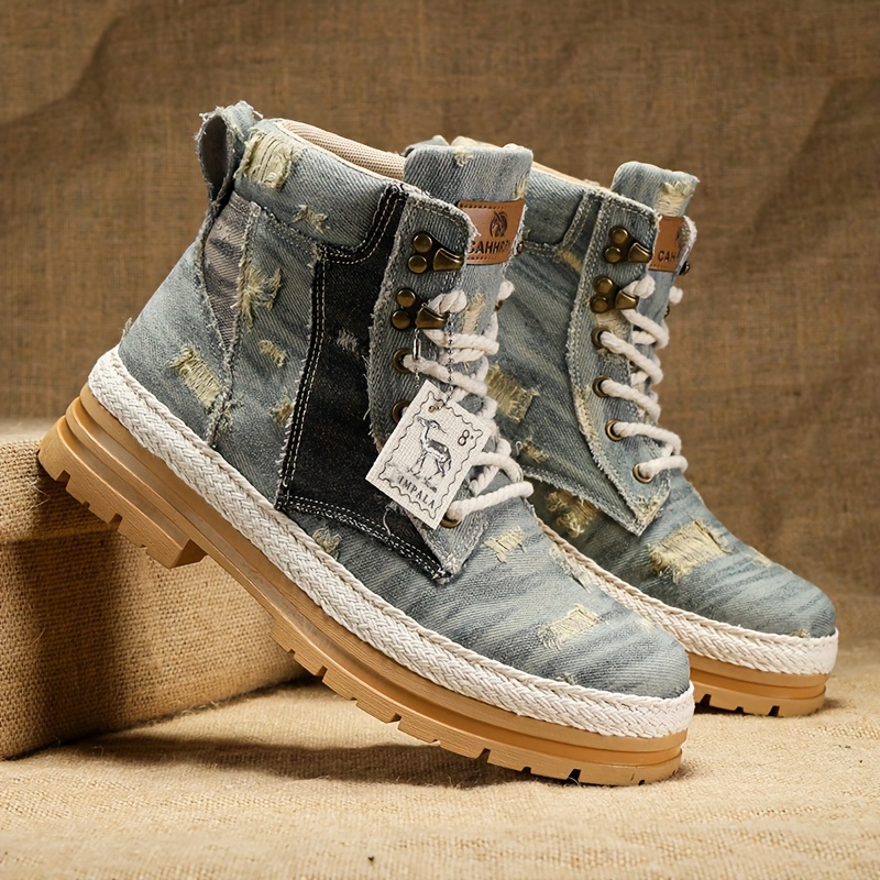 Mens Ripped Lace-Up Denim Fabric Ankle Boots Fashionable Walking Shoes, Breathable and Comfortable - Lightweight, Breathable, Suitable for Daily Wear