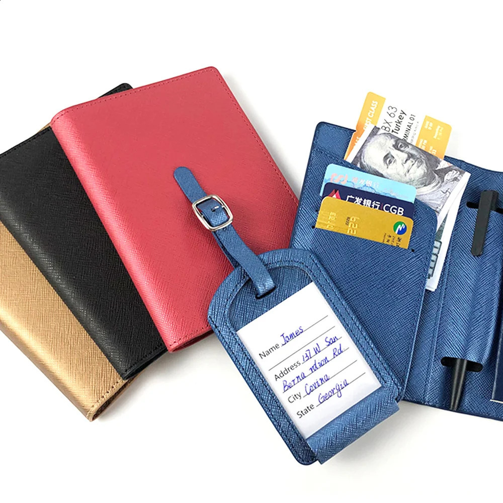 Free customized name passport cover luggage tag set fashionable Saffiano PU leather ticket holder personalized travel wallet 240829