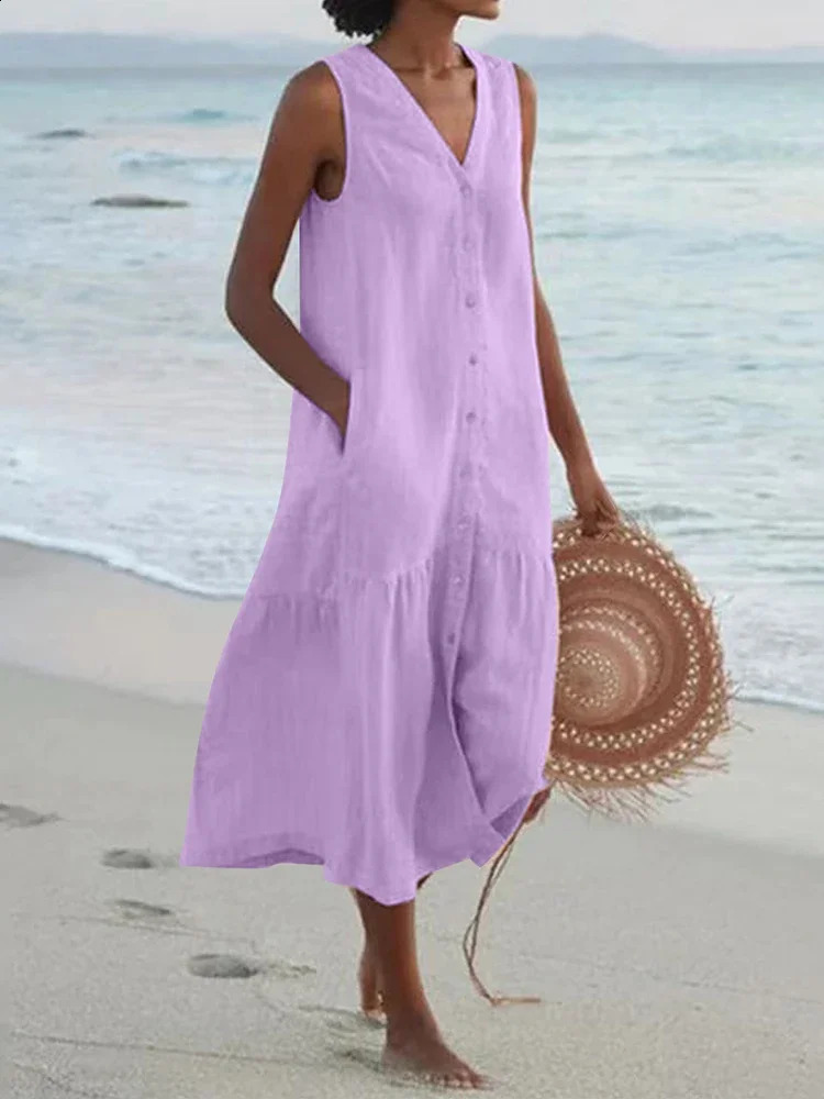 Summer Loose Casual Patchwork Cotton Linen Pocktes Dress V Neck Beach Style Dress Sleeveless Vintage Club Midi Solid Women Dress 240828