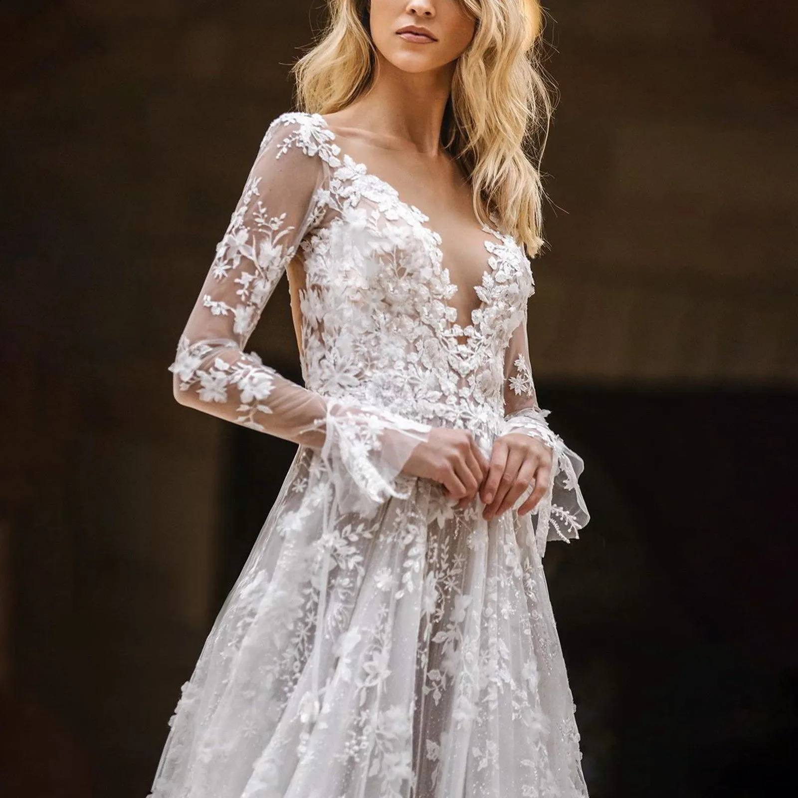 Elegant High Waist Wedding Dress Womens Clothing Pure White Long Sleeve Solid Color Printed Ball 240828