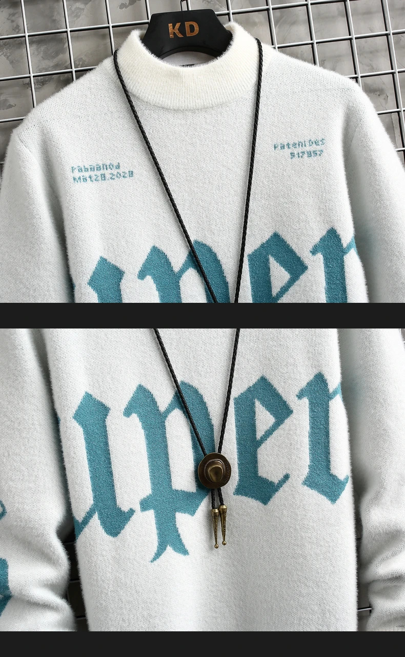 Harajuku Mens Autumn Winter Sweater Mens Trend Loose Cashmere Printed Knitted Pullover Street Outdoor Thick Warm Sweater 240829