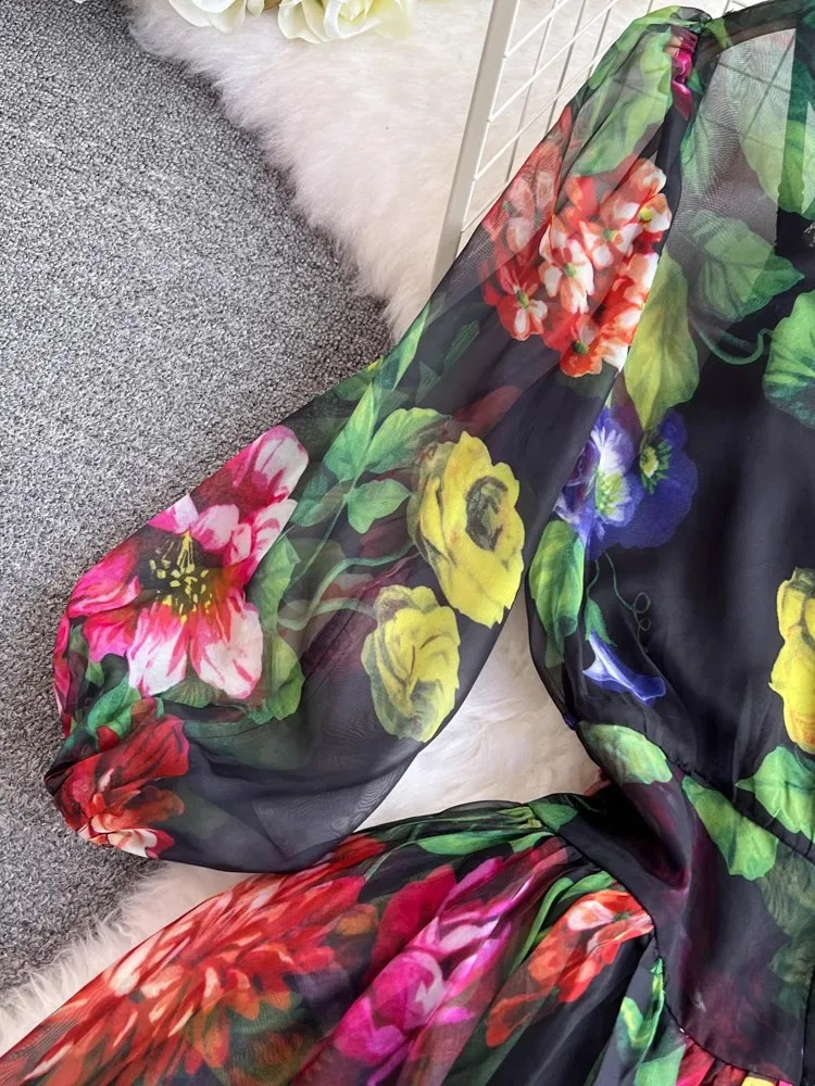 Autumn Holiday Gorgeous Flower Dress Womens Bow 13 Sleeve High Waist Printed Chiffon Long Vestidos 240828