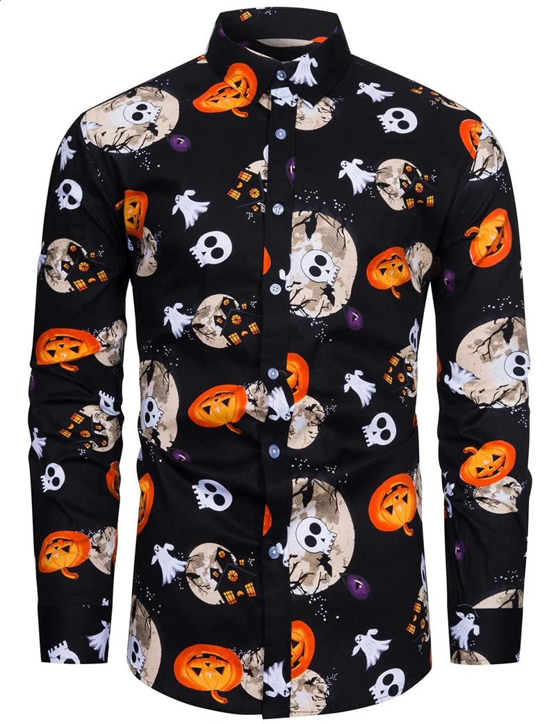 Halloween long sleeved mens pumpkin head printed shirt trend party costume mens street casual long sleeved top 240829