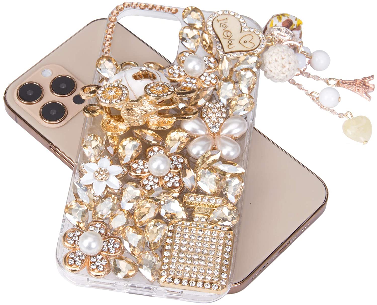 Luxury 3D Bling Glitter Diamond Cases Pumpkin Car Pendant Pearl Flowers Cover For iPhone 16 15 14 13 12 11 Pro MAX 8 Plus Samsung S22 S23 FE S24 Ultra