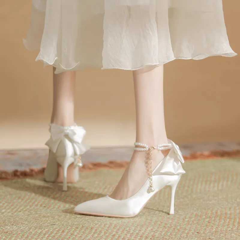 High Quality Size 35-40 fine high heels with pearl buckle strap 9cm high heels womens bow satin fabric white wedding shoes womens pump T241024
