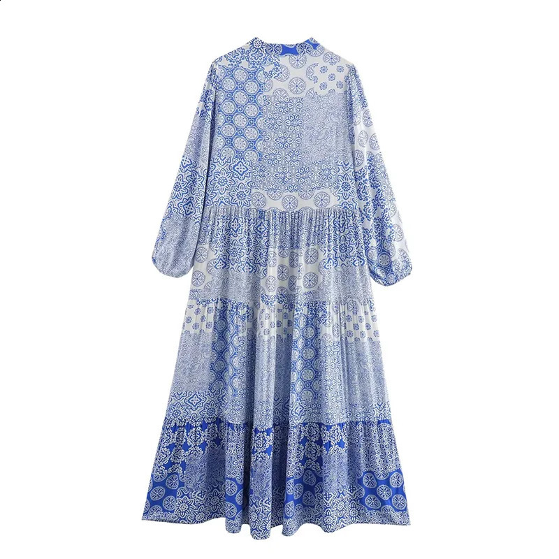 Summer Elegant Womens Vneck Printed Loose Maze Dress Casual Fashion Long Sleeve Vacation Style 240828