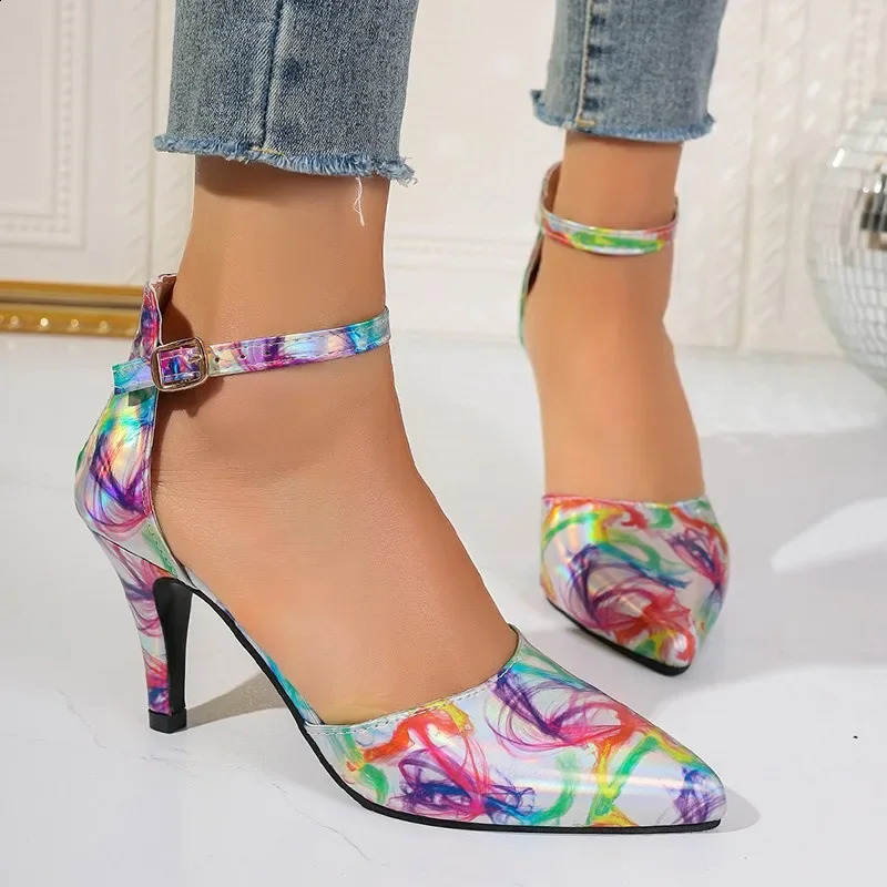 Womens shoes fashion ankle strap womens pump spring point toe light mixed color button dress slim high heels or thin high heels 240827
