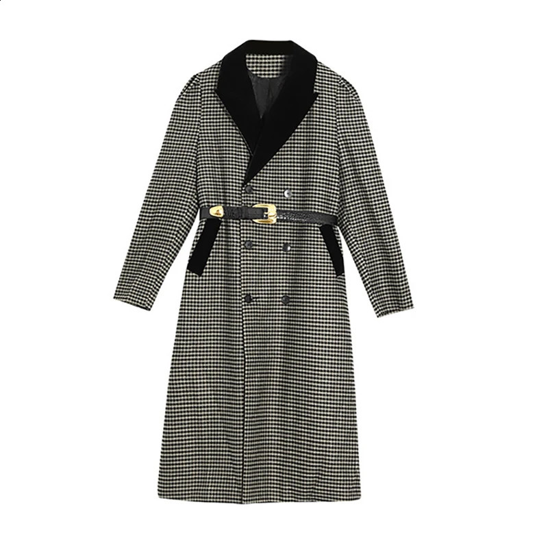 Vintage plain weave hit color wool coat womens belt ultra-thin coat autumn and winter coat double chest puff sleeve wool jacket 240828