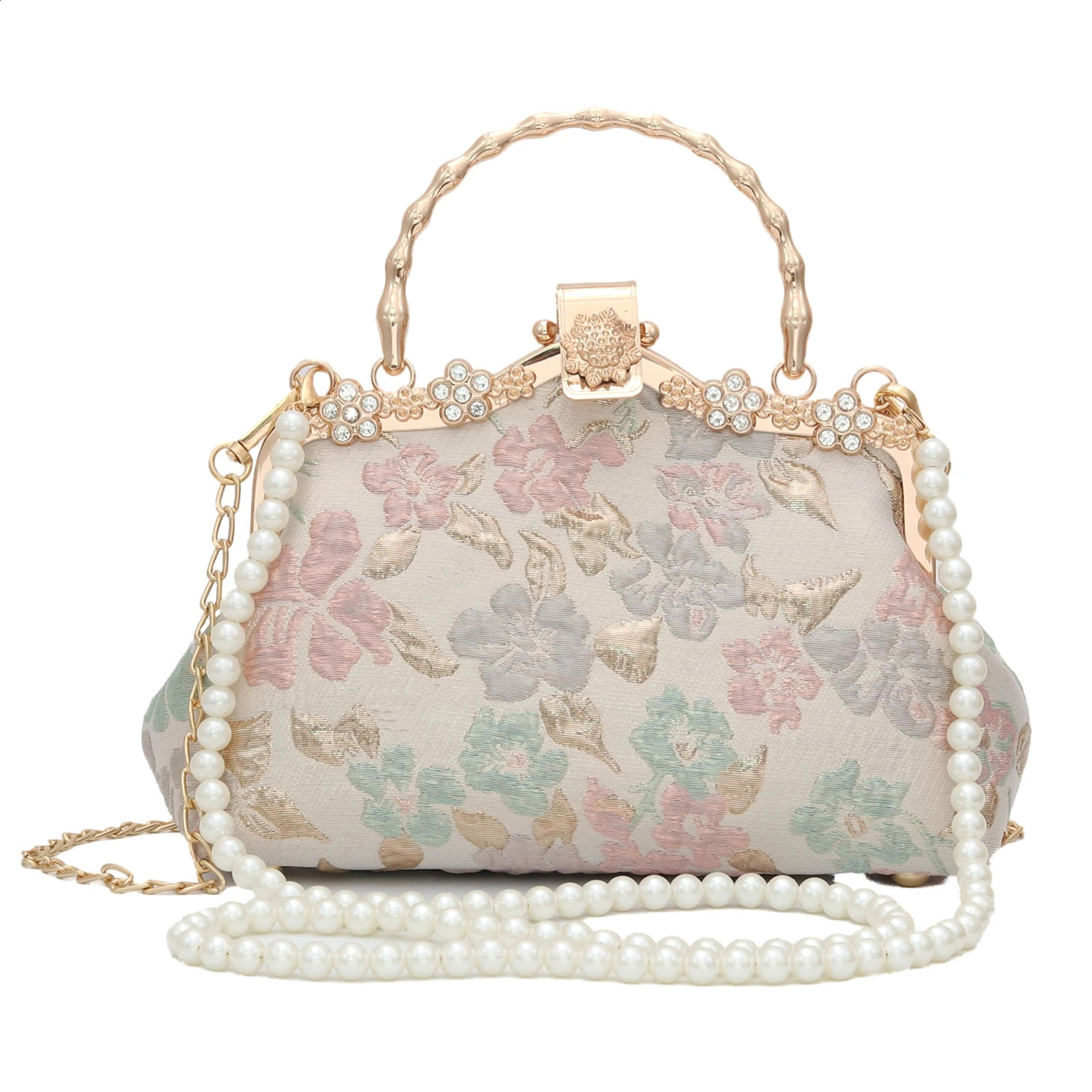 YEBON Bright Relief Flower Womens Clutch Kiss Lock Evening Bag for Wedding Party Prom with Strap Pearls 240828