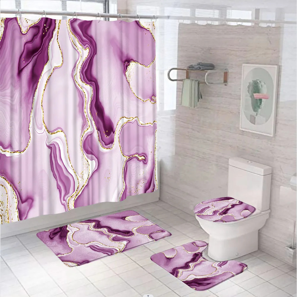 4piece pink marble shower curtain set anti slip carpet toilet seat bathroom cushion decoration accessories 240828