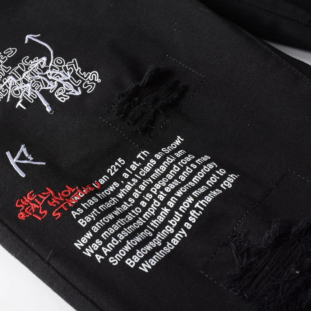 Mens letter embroidered printed jeans streetwear ultra-thin straight stretch jeans black and white holes ripped Trouser 240829