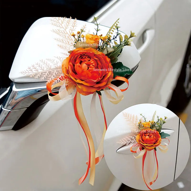 4PCS Artificial Flower Decoration Outdoor Car Mirror Door Romantic Floral Wedding Decor Ribbon false Flower Decoration Supplies 240829 - view 4