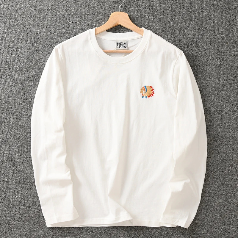 Autumn American Retro Long sleeved Oneck Embroidered Tshirt for Mens Fashion Simple 100% Cotton Laundry Casual Sports Top 240828
