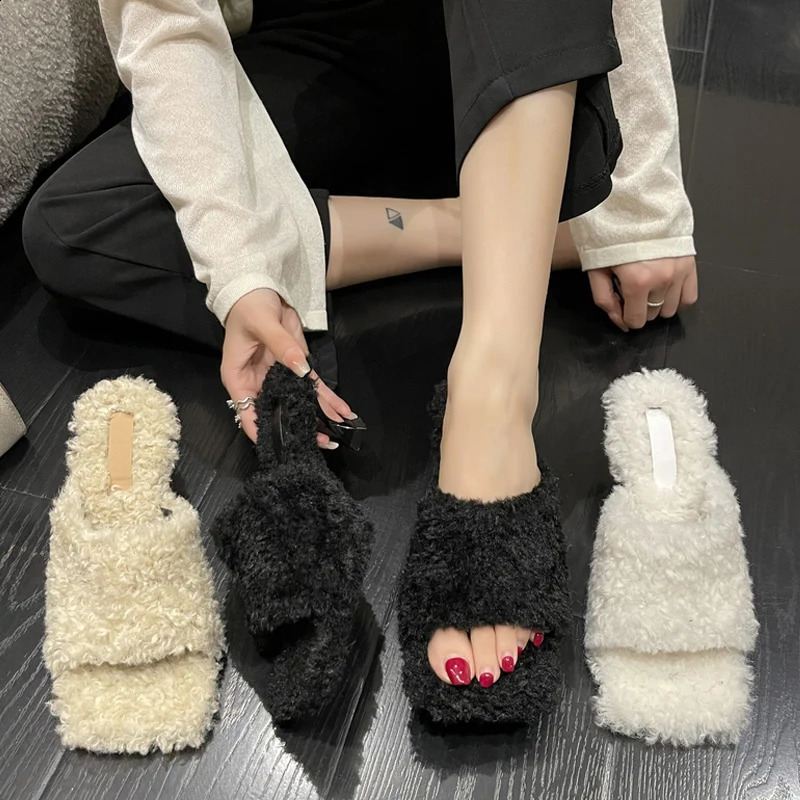 Rich Teddy fur mule slider womens elegant kitten heel square toe plush slider womens winter party high-heeled fur pump shoes 240827