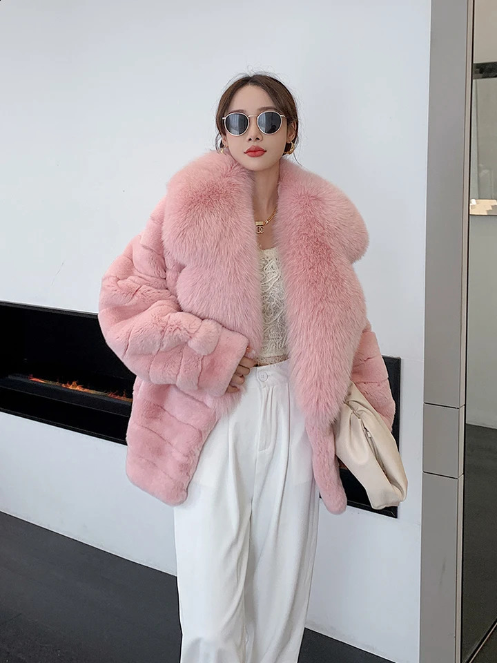 Womens Real Rex Rabbit Fur Coat Long Natural All Pelt Chinchilla Colorful Leather Jacket With Fox Collar