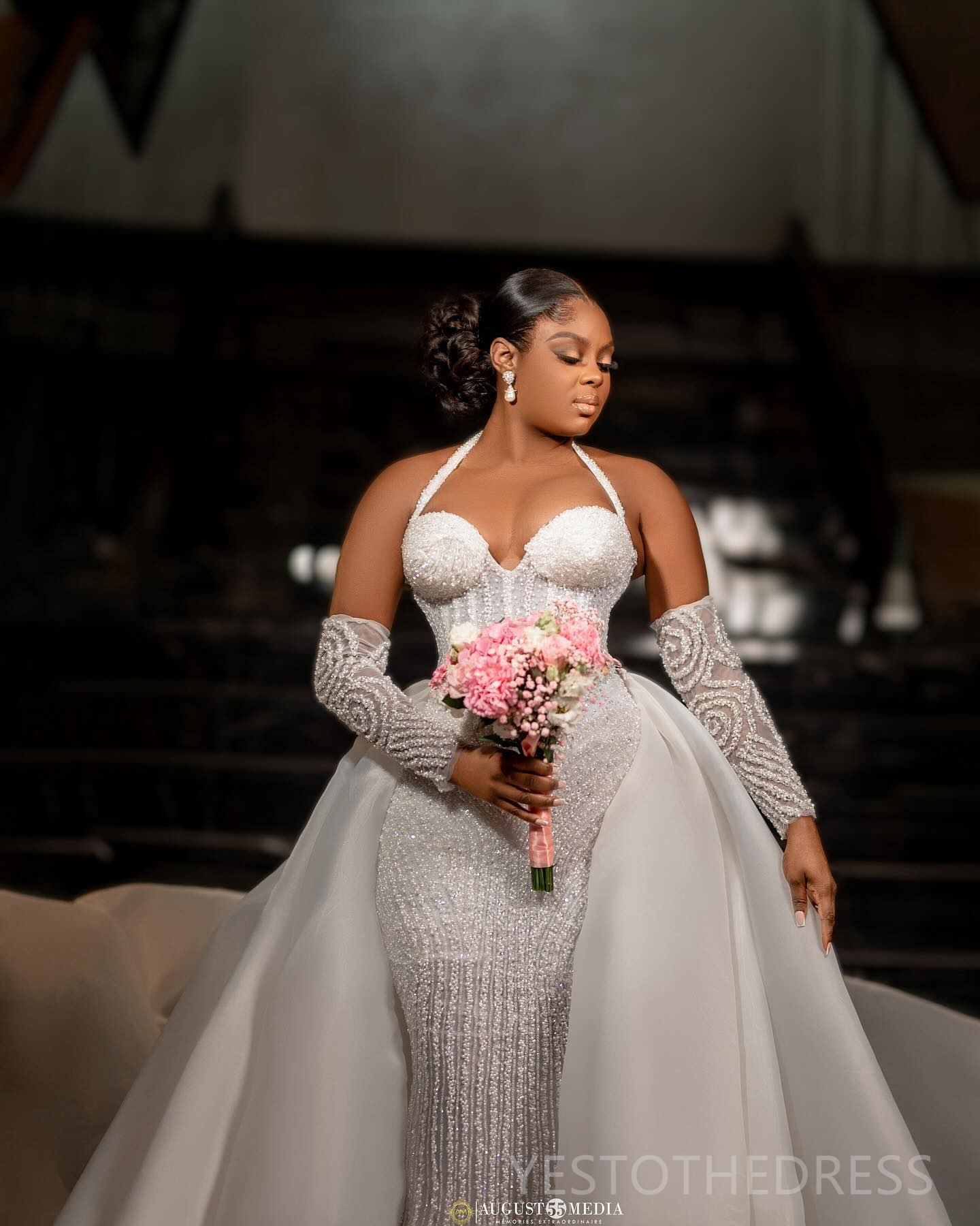 R&W 2024 Plus Size Bride With Detachable Train urious Mermaid Wedding Dress Bridal Gowns Halter Bead Lace Marriage Gown For African Black Women D309