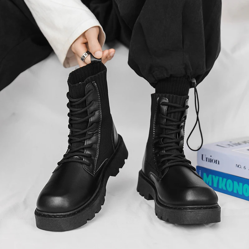 Mens Boots Toog Ankle Sock Boot Full Black High Top Leather Casual English Young Fashion Vitality Anti-wear Mans Footwear 240828